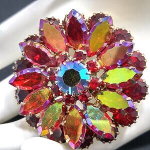 Vintage Red Rhinestone Floral Brooch, Aurora Borealis, 1960s, 1 7/8 Inches